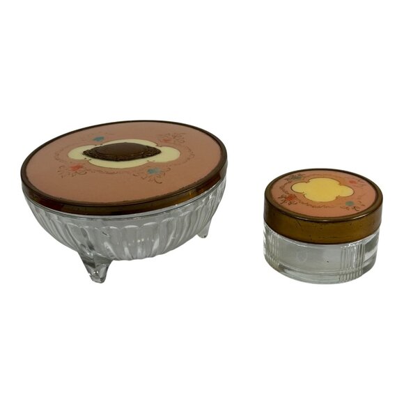 Vintage Art Deco MCM Powder Glass Jar Trinket Metal Lid Grannycore Lot of 2 - Picture 2 of 16